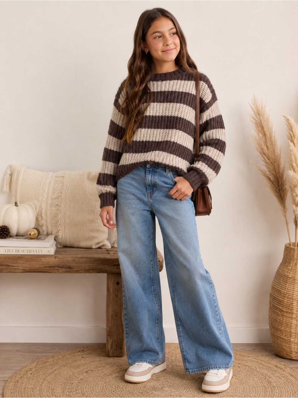 Zara Kids Brown & Cream Striped Chunky Knit Sweater Size 11-12